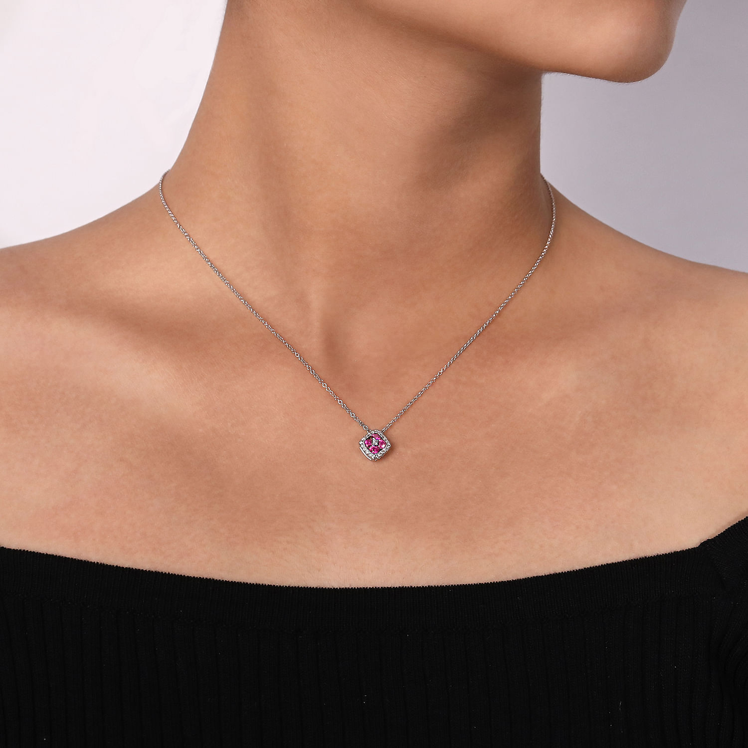 14K White Gold Ruby and Diamond Halo Floral Pendant Necklace