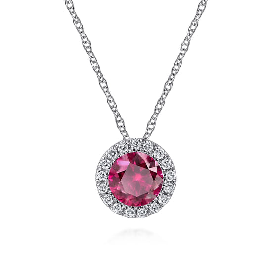 Gabriel - 14K White Gold Ruby and Diamond Halo Pendant Necklace