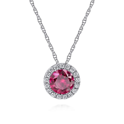 14K White Gold Ruby and Diamond Halo Pendant Necklace 14K White Gold Ruby and Diamond Halo Pendant Necklace