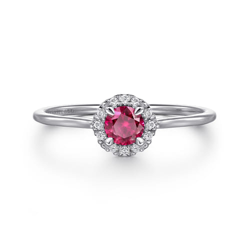 14K White Gold Ruby and Diamond Halo Promise Ring