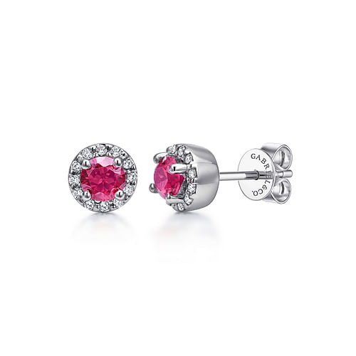 14K White Gold Ruby and Diamond Halo Stud Earrings