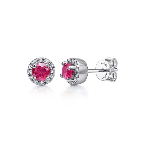 Gabriel - 14K White Gold Ruby and Diamond Halo Stud Earrings