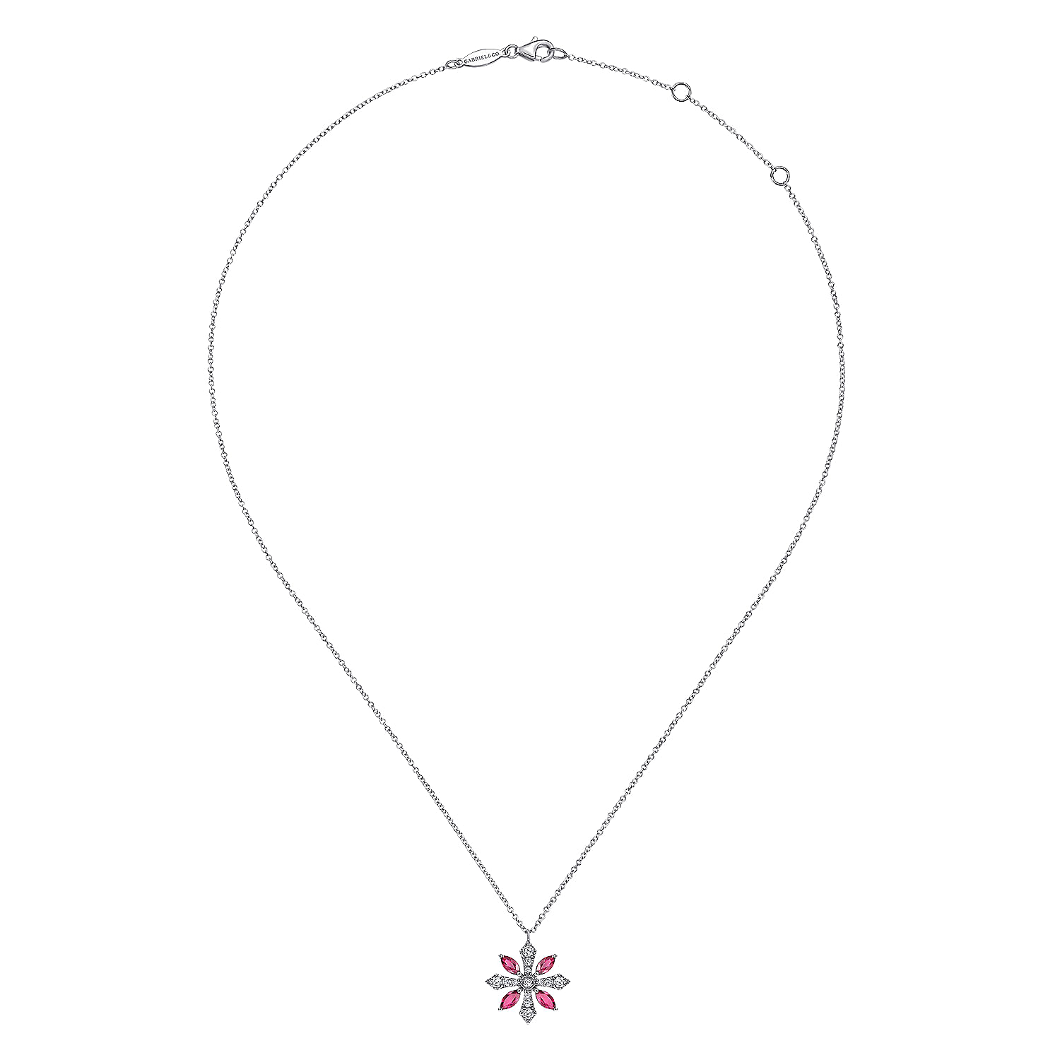 14K White Gold Ruby and Diamond Snowflake Pendant Necklace