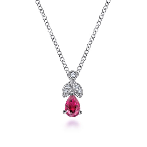 14K White Gold Ruby and Diamond Teardrop Pendant Necklace