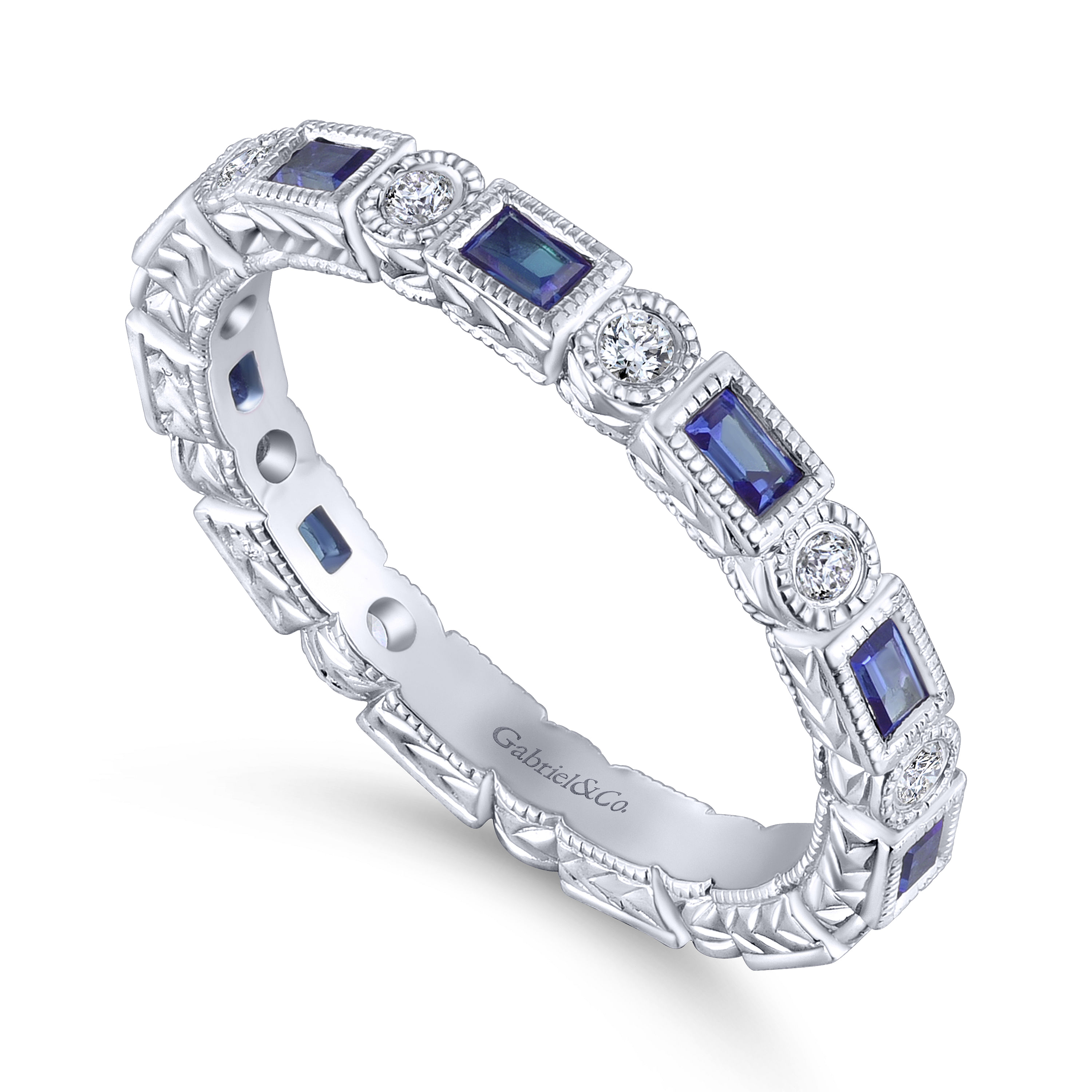 14K White Gold Sapphire Baguette and Diamond Round Eternity Ring