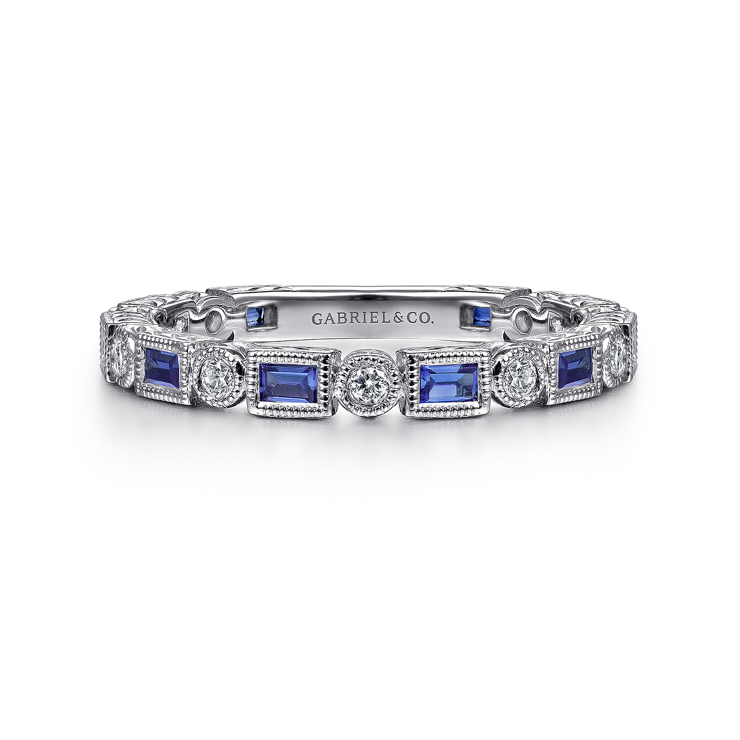 14K White Gold Sapphire Baguette and Diamond Round Stackable Ring