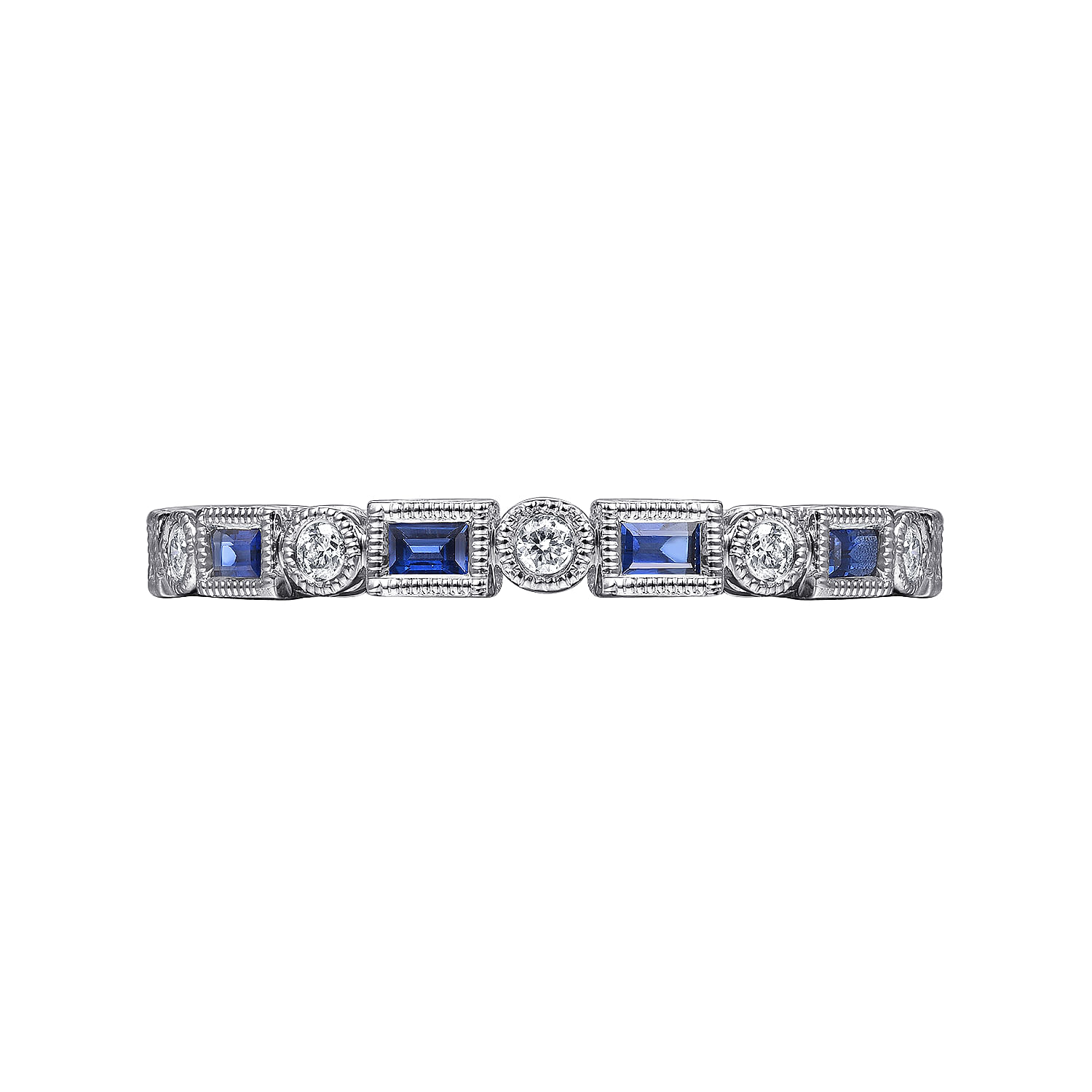 14K White Gold Sapphire Baguette and Diamond Round Stackable Ring