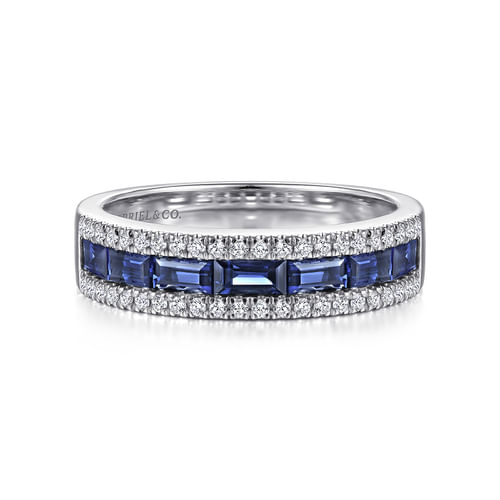 14K White Gold Sapphire Baguette and Diamond Row Band