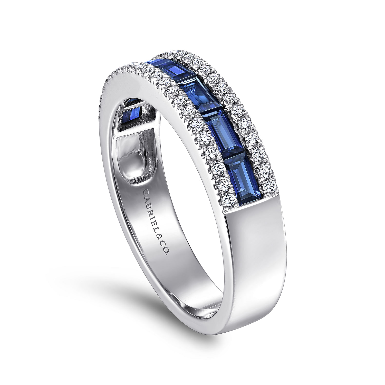 14K White Gold Sapphire Baguette and Diamond Row Band