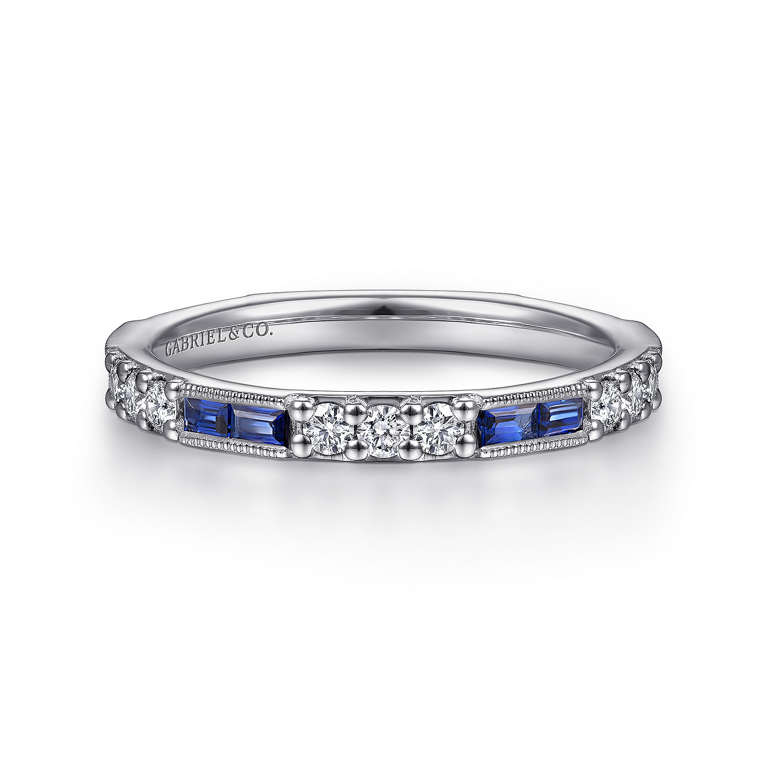 14K White Gold Sapphire Baguette and Diamond Stackable Ring