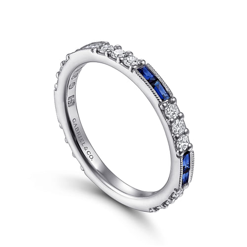 14K White Gold Sapphire Baguette and Diamond Stackable Ring