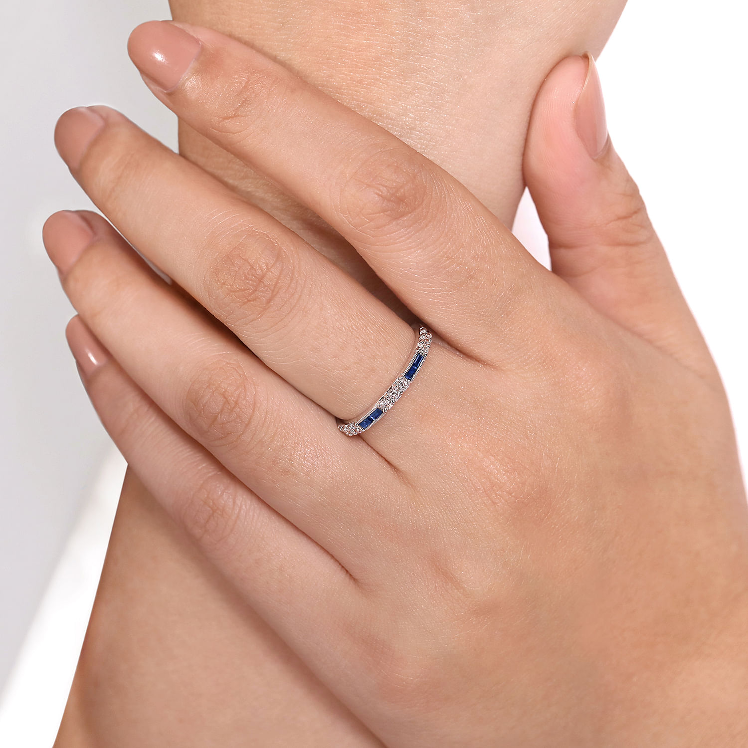 14K White Gold Sapphire Baguette and Diamond Stackable Ring
