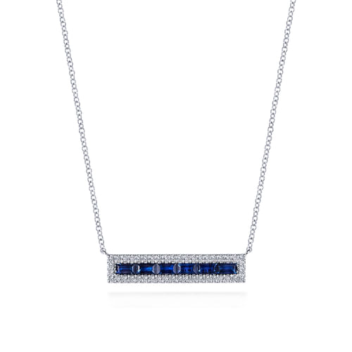 14K White Gold Sapphire Baguettes and Diamond Halo Rectangular Bar Necklace