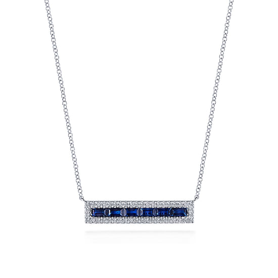 Gabriel - 14K White Gold Sapphire Baguettes and Diamond Halo Rectangular Bar Necklace