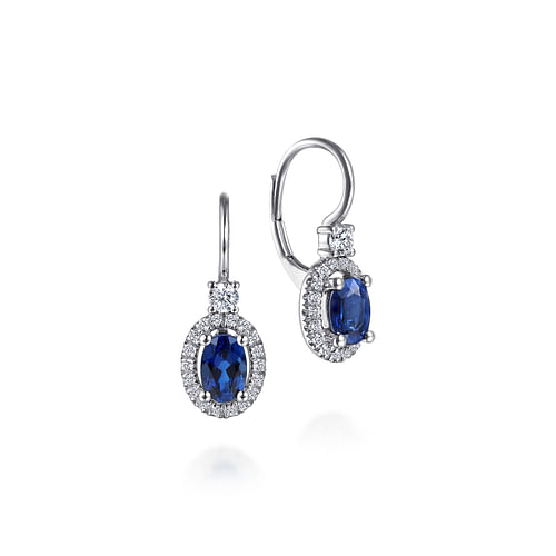 14K White Gold Sapphire Oval and Diamond Halo Leverback Earrings