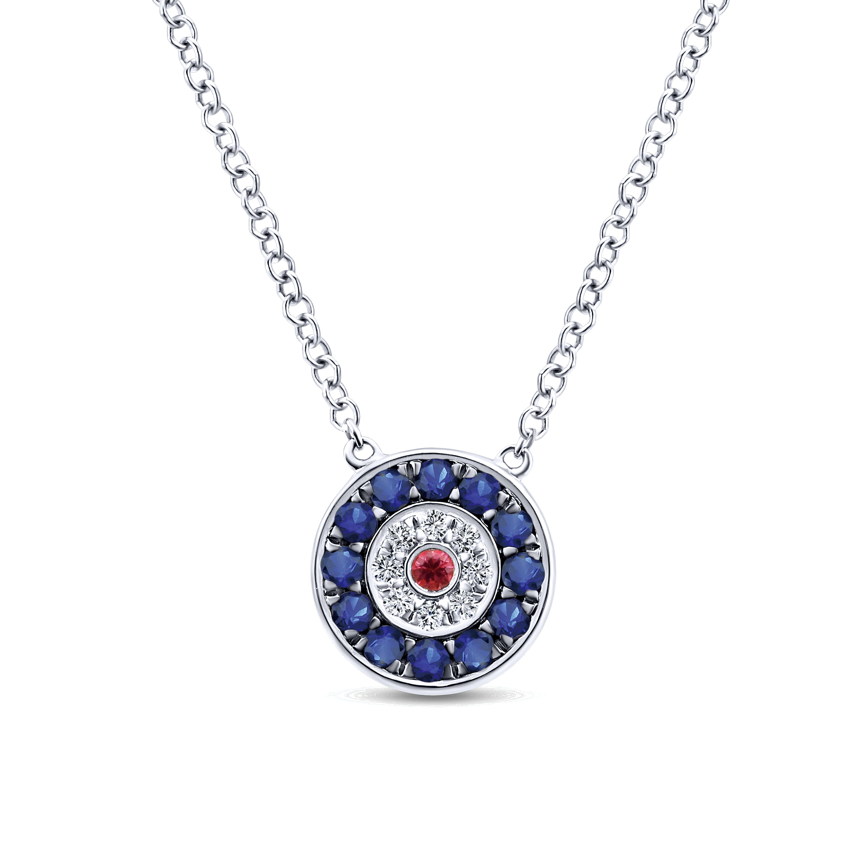 Gabriel - 14K White Gold Sapphire, Ruby and Diamond Evil Eye Pendant Necklace