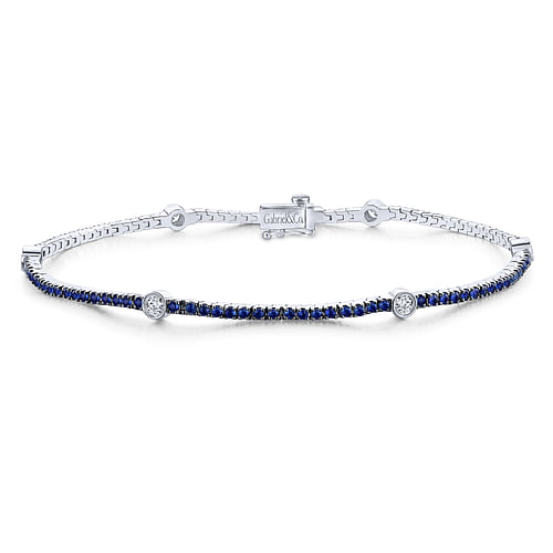 14K White Gold Sapphire Tennis Bracelet with Round Diamond Stations