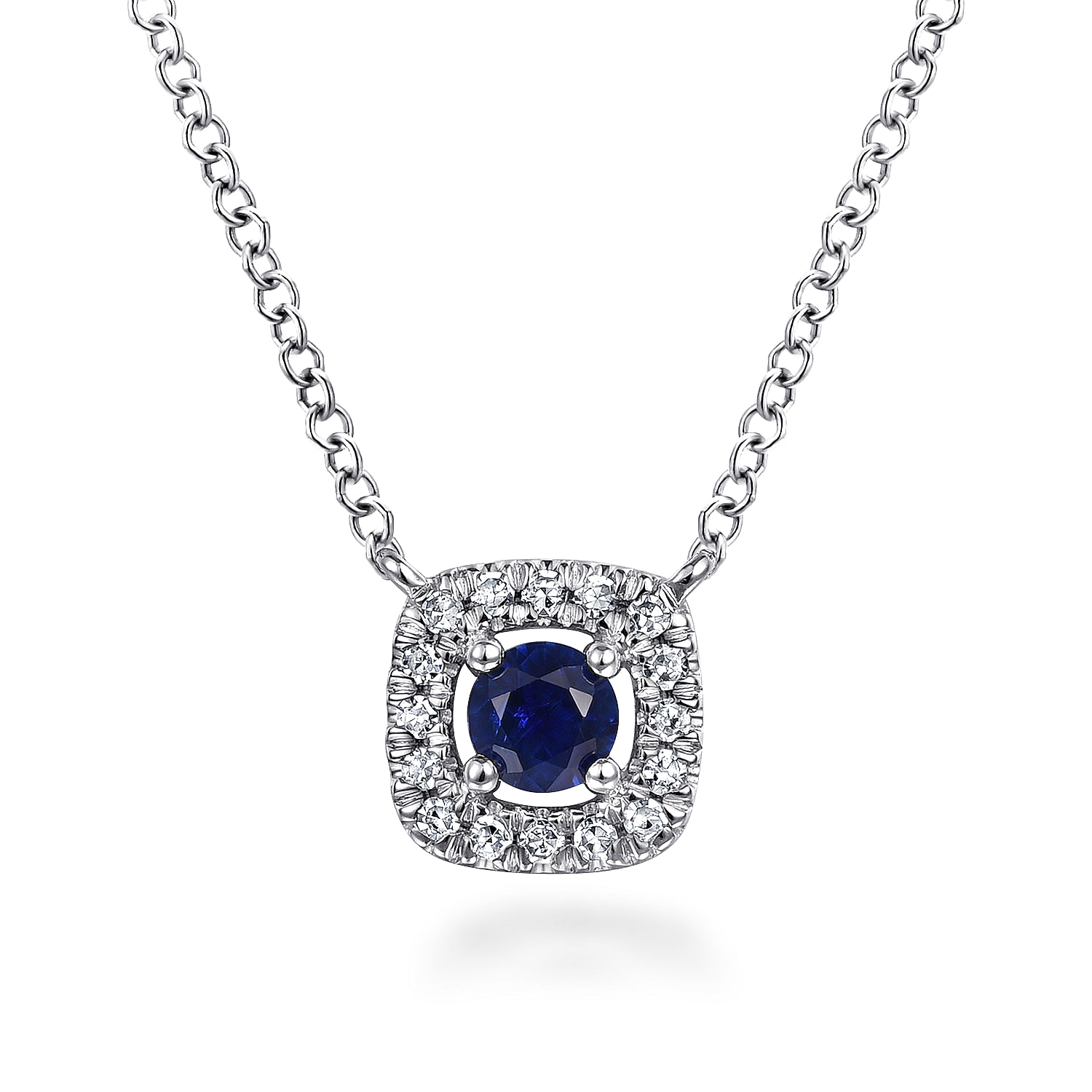 14K White Gold Sapphire and Cushion Shape Diamond Halo Pendant Necklace