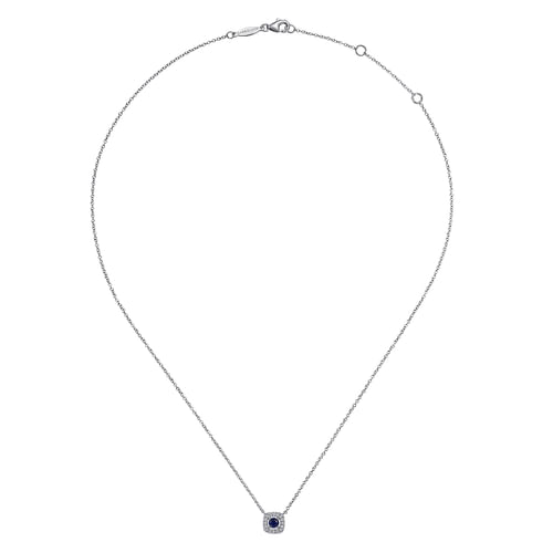 14K White Gold Sapphire and Cushion Shape Diamond Halo Pendant Necklace