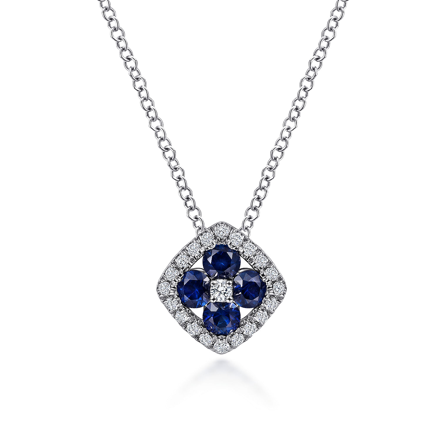 Gabriel - 14K White Gold Sapphire and Diamond Halo Floral Pendant Necklace