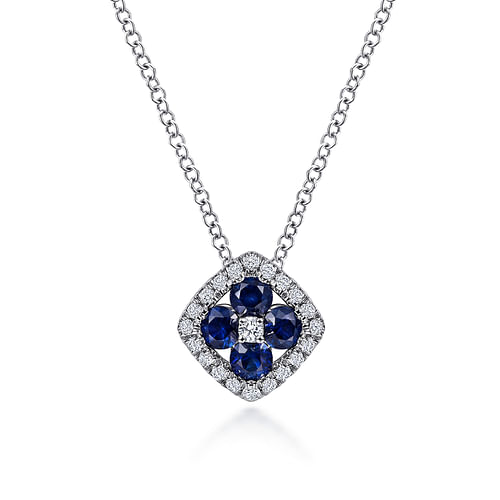 14K White Gold Sapphire and Diamond Halo Floral Pendant Necklace