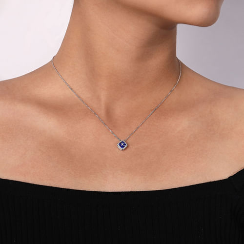 14K White Gold Sapphire and Diamond Halo Floral Pendant Necklace