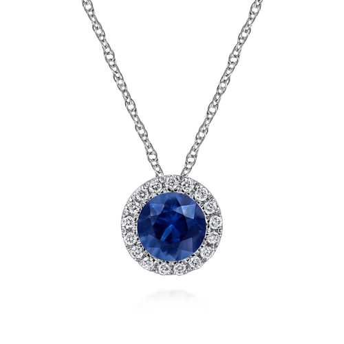 14K White Gold Sapphire and Diamond Halo Pendant Necklace