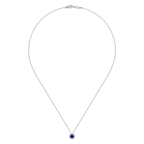 14K White Gold Sapphire and Diamond Halo Pendant Necklace