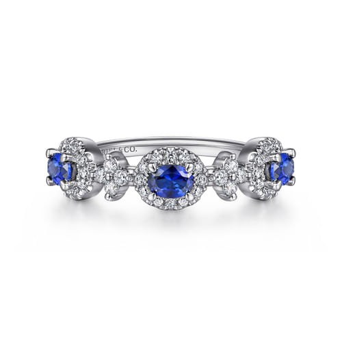 14K White Gold Sapphire and Diamond Halo Station Ring