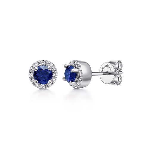 14K White Gold Sapphire and Diamond Halo Stud Earrings