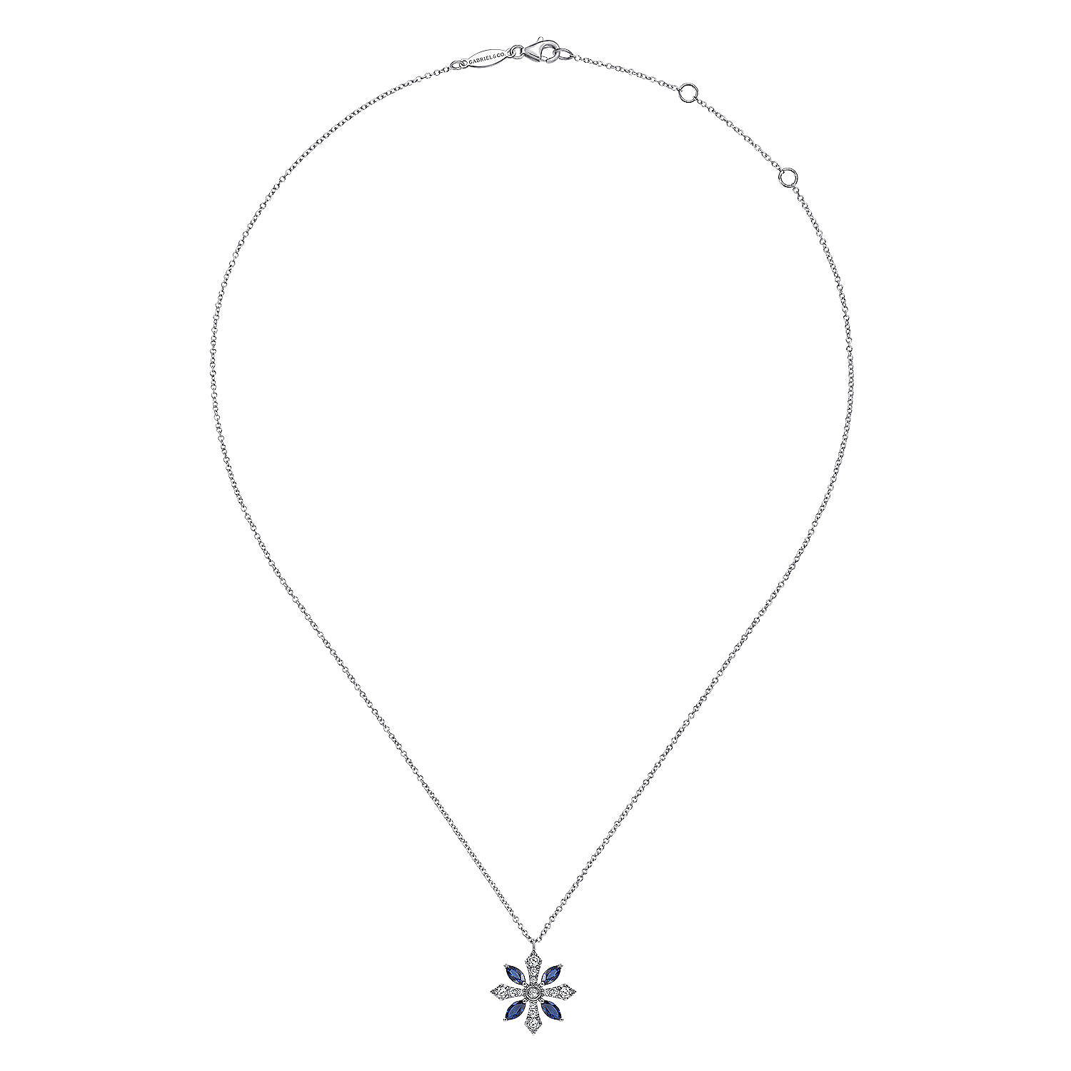 14K White Gold Sapphire and Diamond Snowflake Pendant Necklace