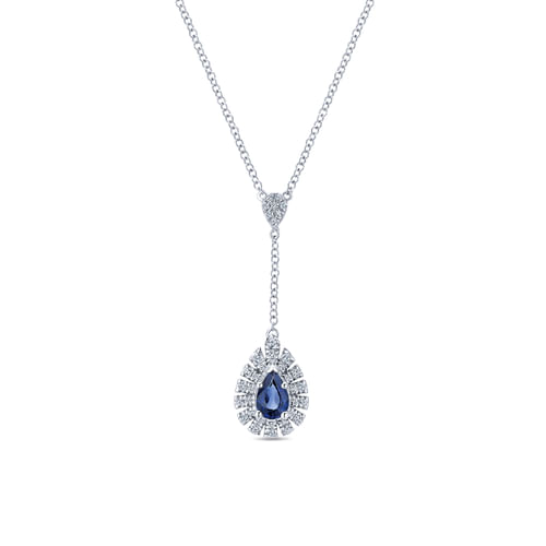 14K White Gold Sapphire and Diamond Teardrop Halo Y Necklace