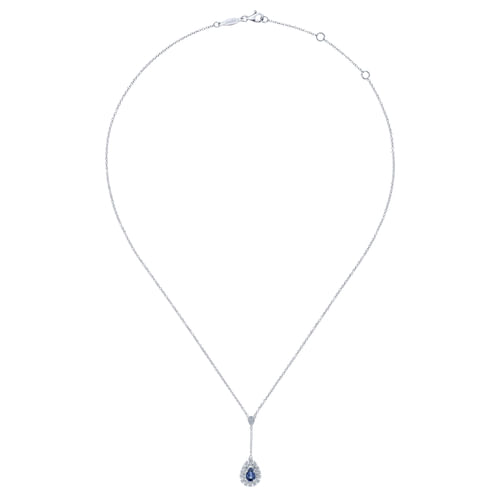 14K White Gold Sapphire and Diamond Teardrop Halo Y Necklace