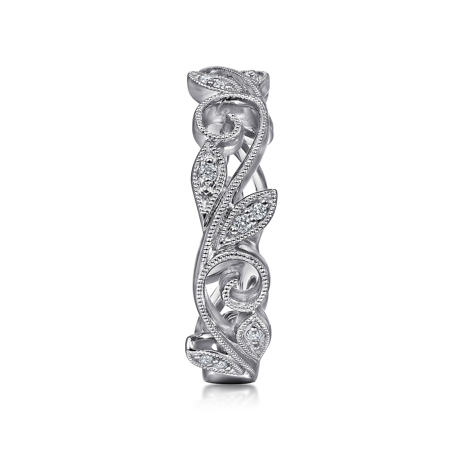 14K White Gold Scrolling Floral Diamond Stackable Ring