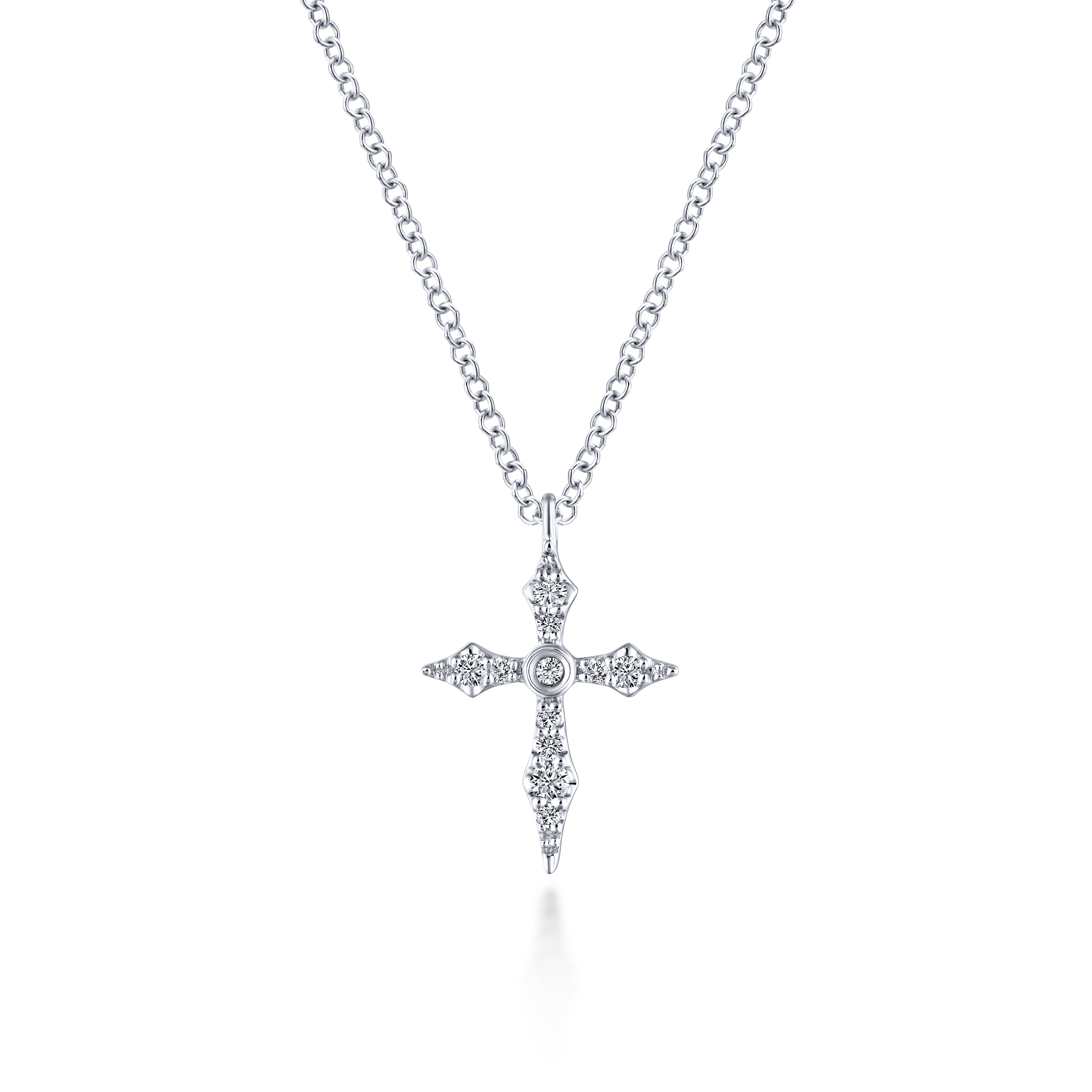 14K White Gold Sculpted Diamond Cross Pendant Necklace