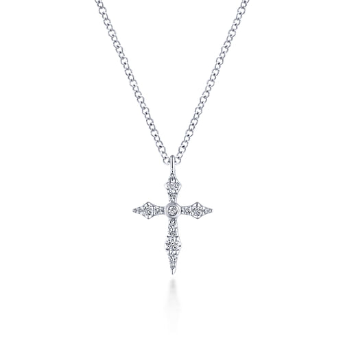 14K White Gold Sculpted Diamond Cross Pendant Necklace