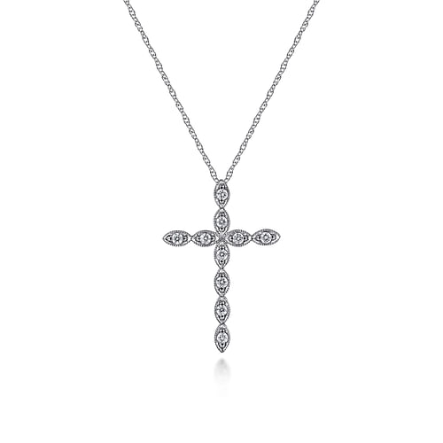 14K White Gold Segmented Diamond Cross Necklace