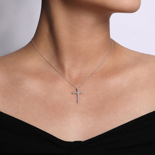 14K White Gold Segmented Diamond Cross Necklace