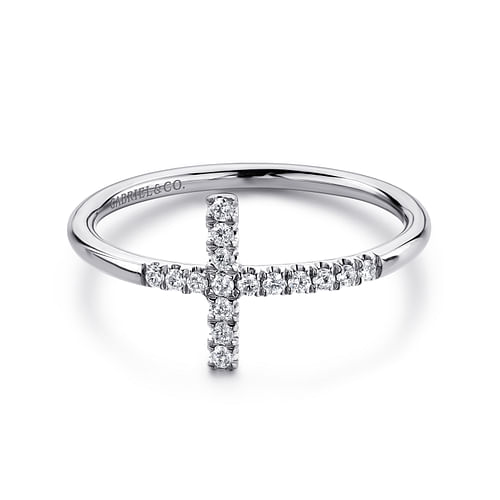 14K White Gold Sideways Cross Diamond Ring