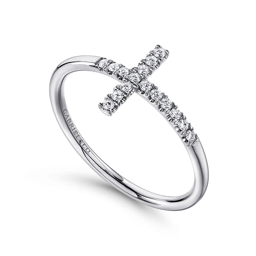 14K White Gold Sideways Cross Diamond Ring