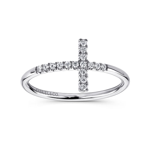 14K White Gold Sideways Cross Diamond Ring