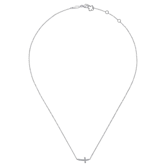 14K White Gold Sideways Curved Diamond Cross Necklace angle 2