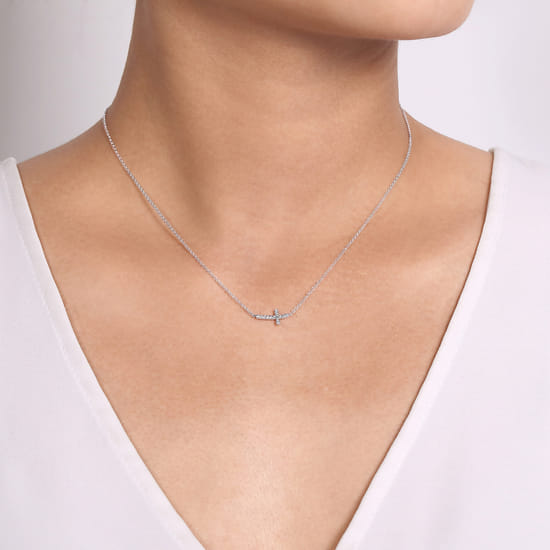 14K White Gold Sideways Curved Diamond Cross Necklace angle 3