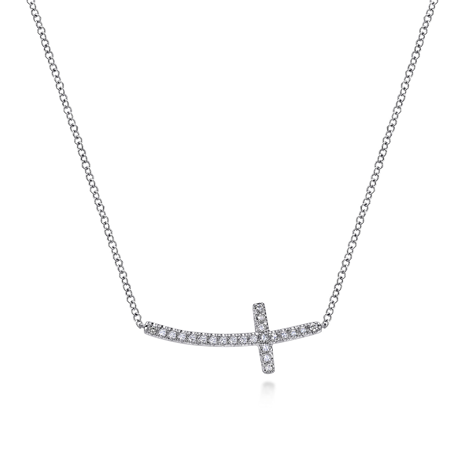 Gabriel - 14K White Gold Sideways Curved Diamond Cross Necklace