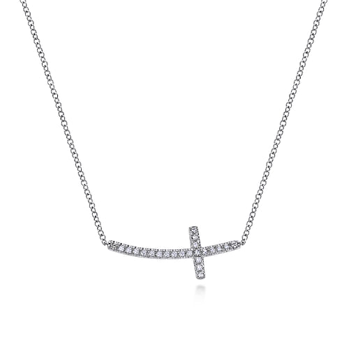 14K White Gold Sideways Curved Diamond Cross Necklace