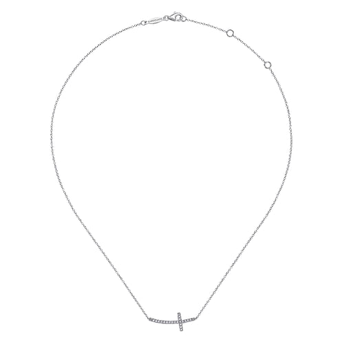 14K White Gold Sideways Curved Diamond Cross Necklace