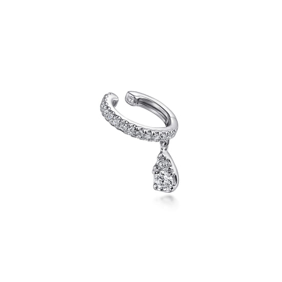 14K White Gold Single Diamond Ear Cuff with Teardrop Charm angle 2