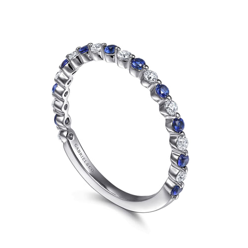 14K White Gold Single Prong Diamond and Sapphire Anniversary Band
