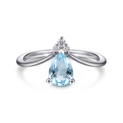 14K White Gold Sky Blue Topaz Diamond Chevron Ring