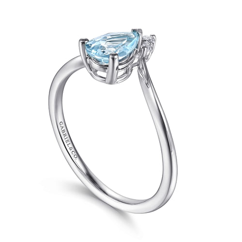 14K White Gold Sky Blue Topaz Diamond Chevron Ring